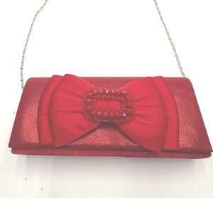 Whittall & Shon Red Satin Bow Beaded‎ Buckle Evening Clutch Shoulder Bag